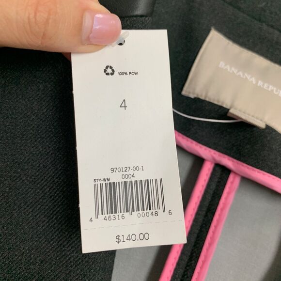 Banana Republic Blazer Womens 4 Gray Faux Leather Trim Pad Shoulders One Button - Picture 10 of 15